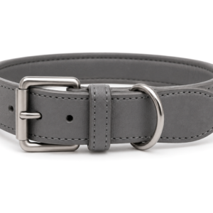 Premium Grey Leather Dog Collar – Adjustable Soft Padded Pet Collar with Metal Buckle